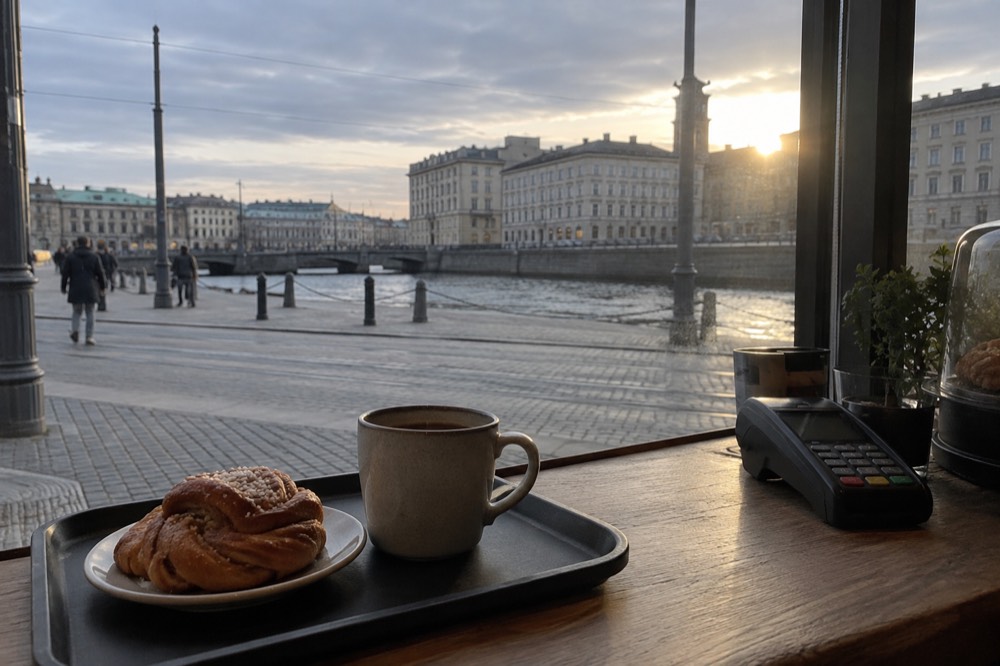 A tray with a cinnamon bun and a cup of coffee on a cafe counter with a card terminal beside it