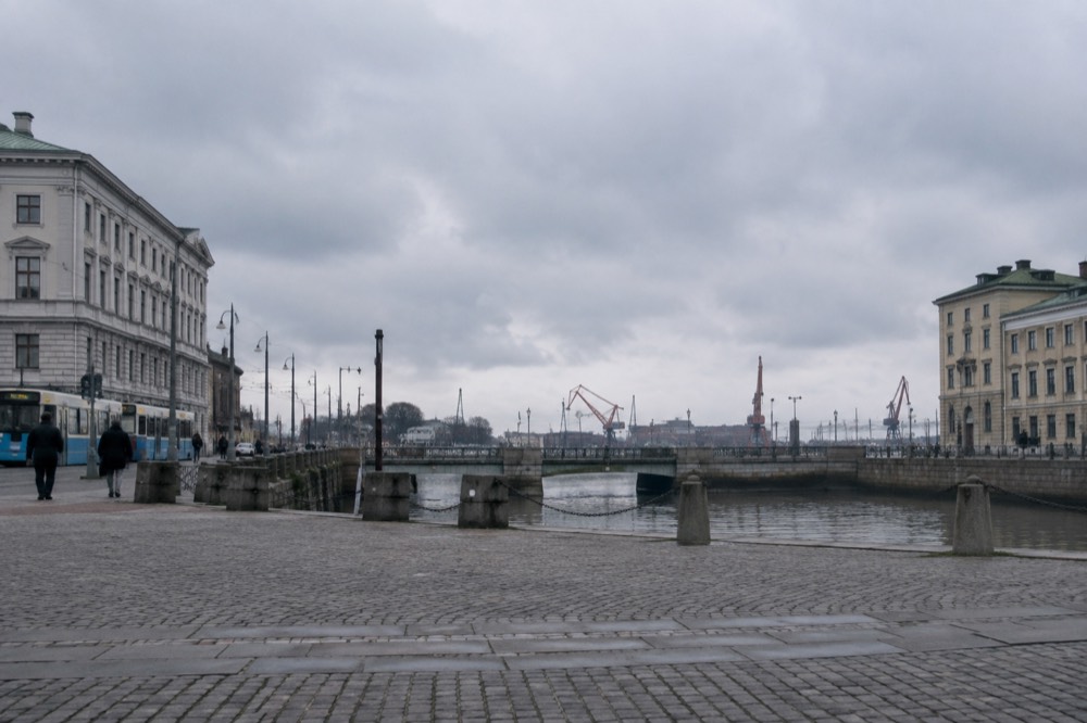 Shipyard gantry cranes along the Göta älv river bank in Gothenburg