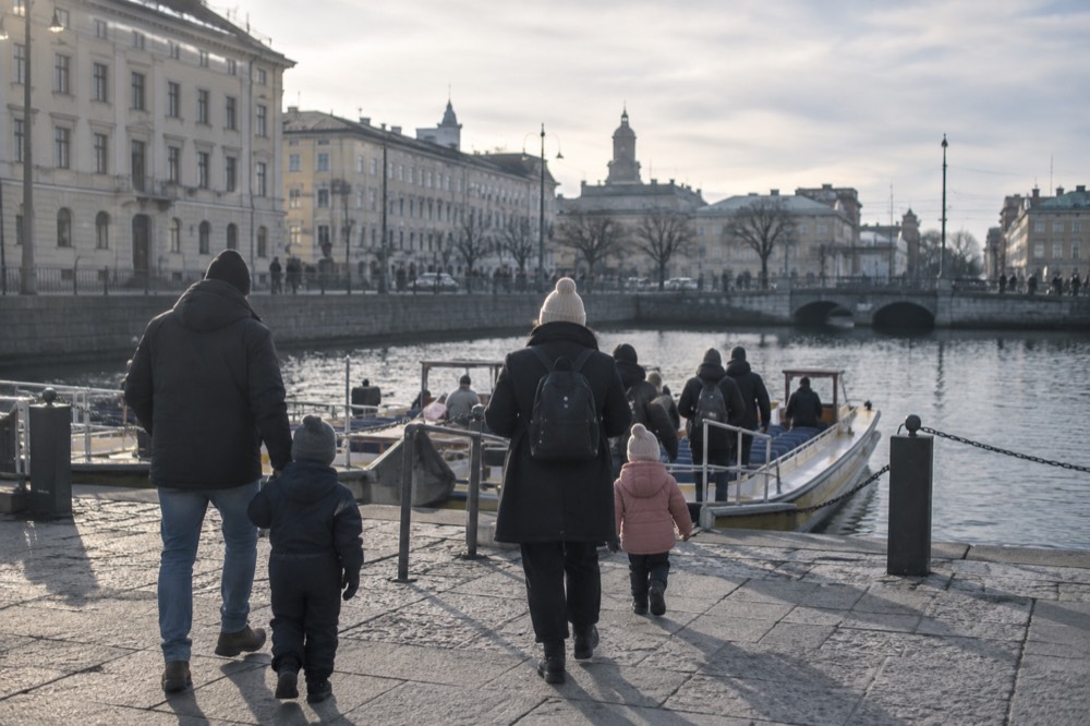 Families boarding an open canal tour boat at a central Gothenburg quay