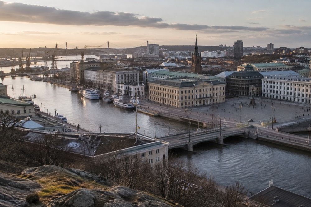 Panorama of Gothenburg city centre seen from Ramberget with the river curving through the frame