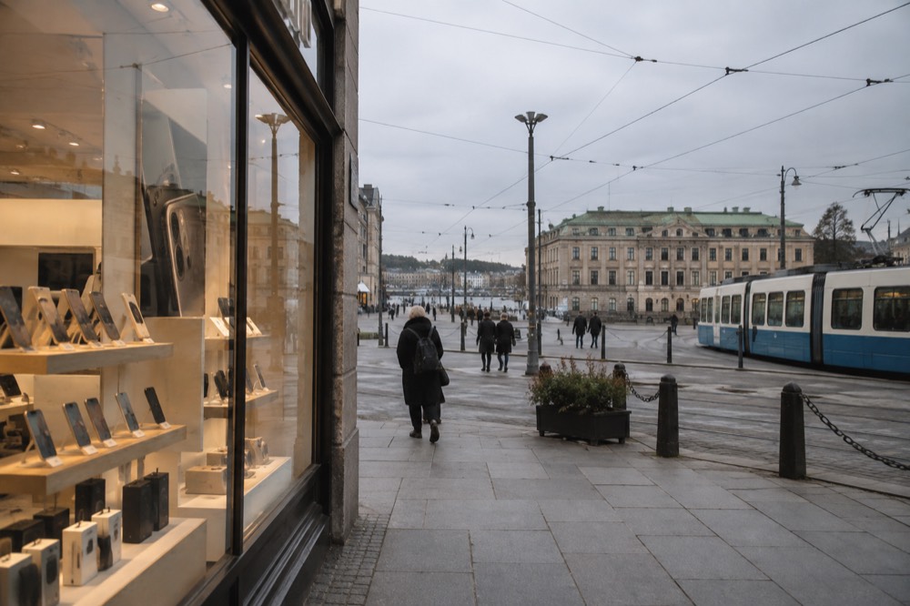 A phone shop window display in central Gothenburg with tram wires overhead