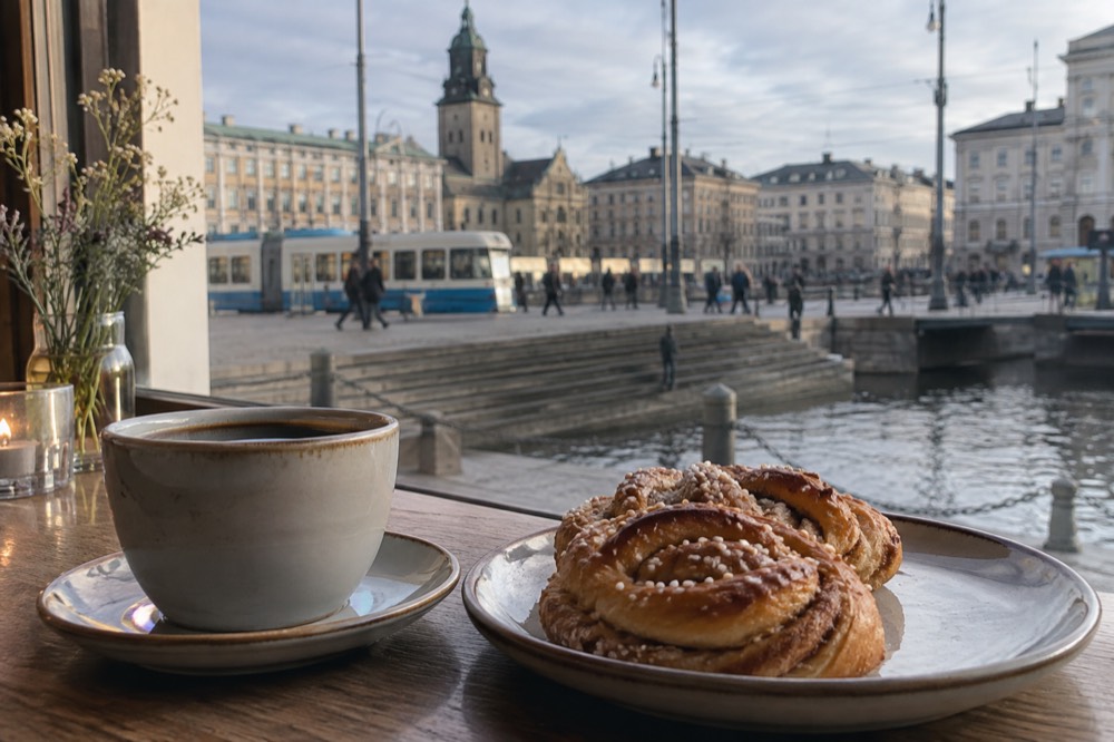 Cinnamon buns and a cup of filter coffee on a café counter in Gothenburg