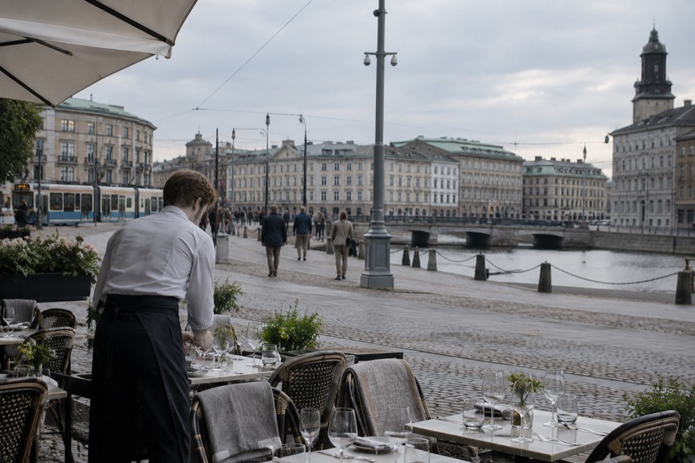 A waiter setting a table with glasses in a Gothenburg restaurant