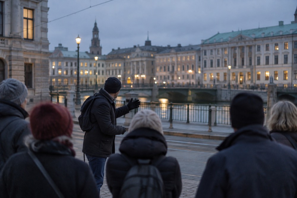 A tour guide speaking to a small group on a Gothenburg street corner
