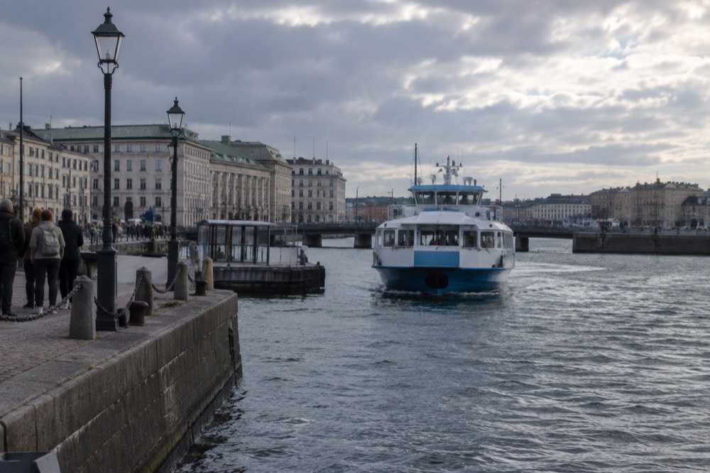 A ferry approaching a car-free island jetty in the Gothenburg southern archipelago