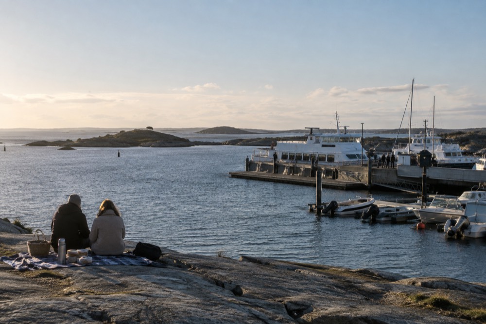 A picnic blanket on flat granite rock beside the sea, with a thermos and sandwiches