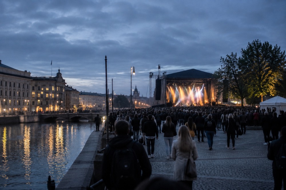 Outdoor stage with lights and a crowd stretching back under tall trees
