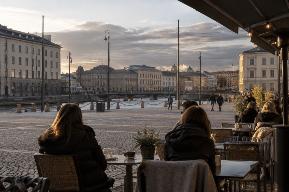 Outdoor cafe tables on a wide street with people sitting in evening light