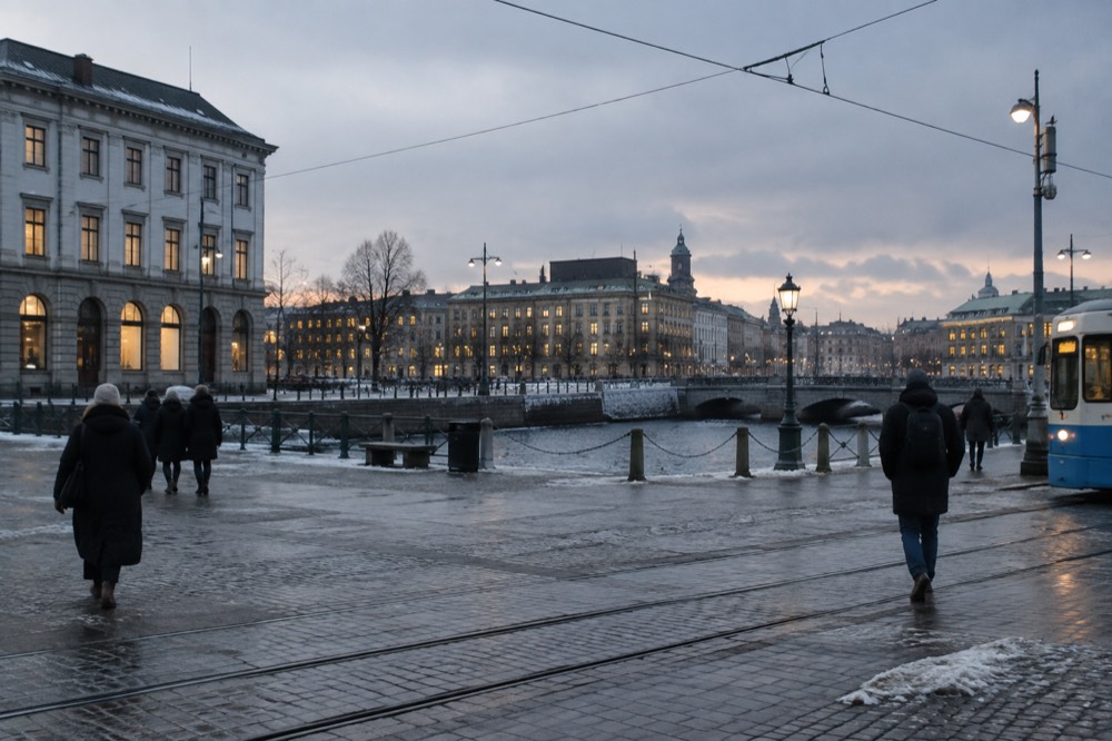 Gothenburg street in winter dusk with lit windows and people in heavy coats