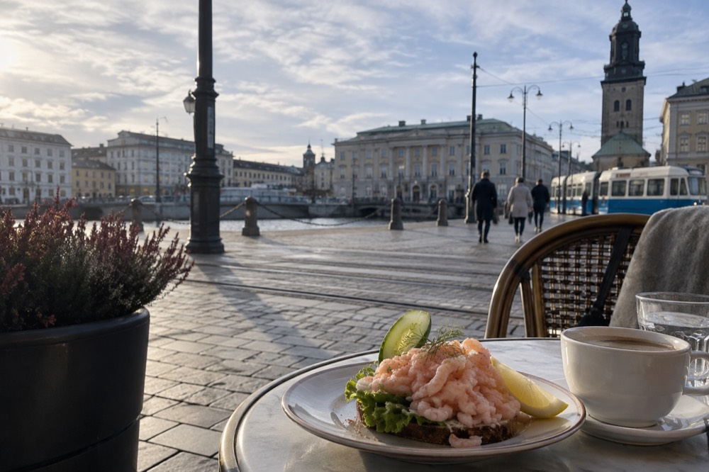 A shrimp sandwich with a tall pile of peeled shrimp on bread at a Gothenburg café table