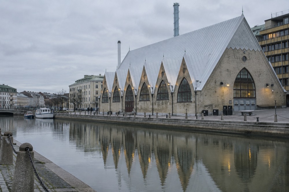 The distinctive arched stone exterior of the Feskekôrka fish market hall in Gothenburg