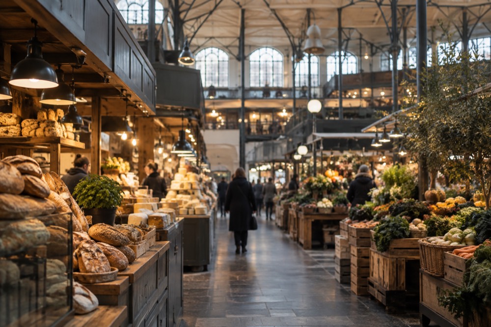 Market stalls with bread, cheese and produce inside Stora Saluhallen market hall