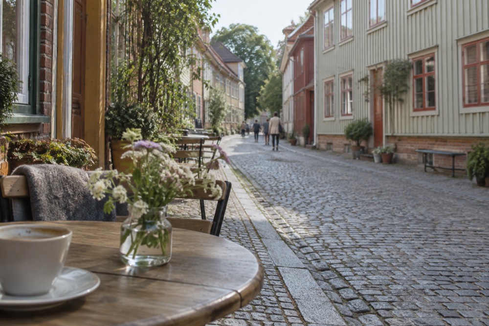Cobbled wooden-house street in Haga, Gothenburg, with painted facades and small cafés