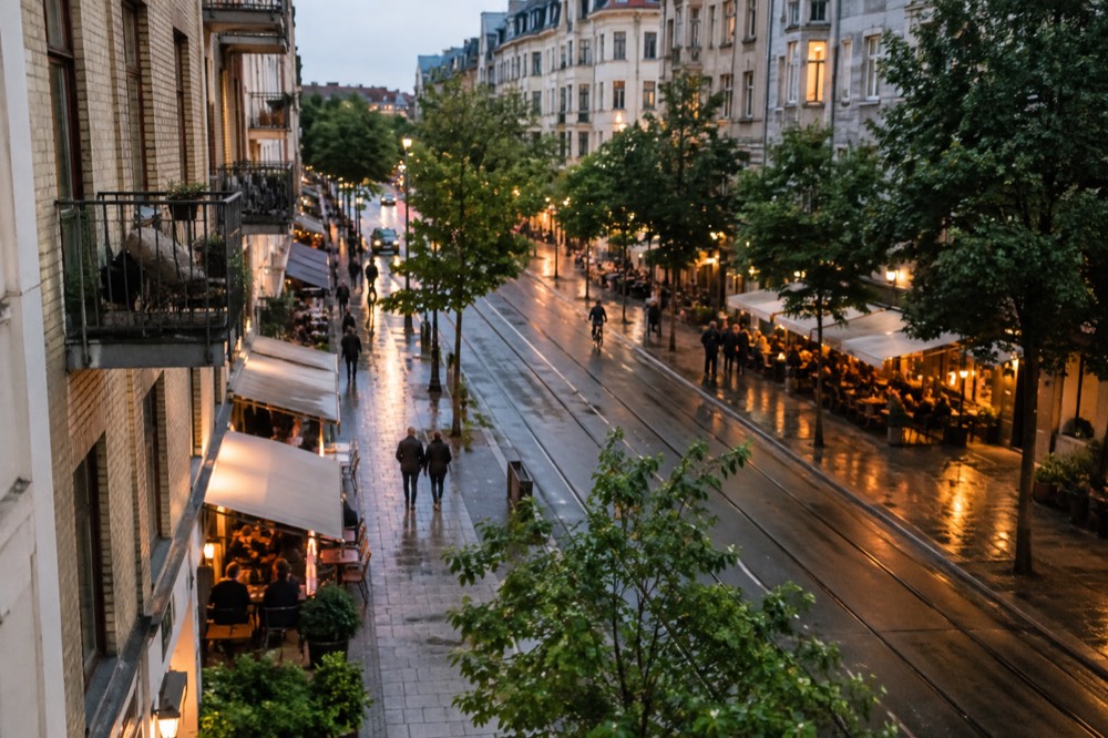 Evening light on a restaurant-lined street in the Linné district of Gothenburg