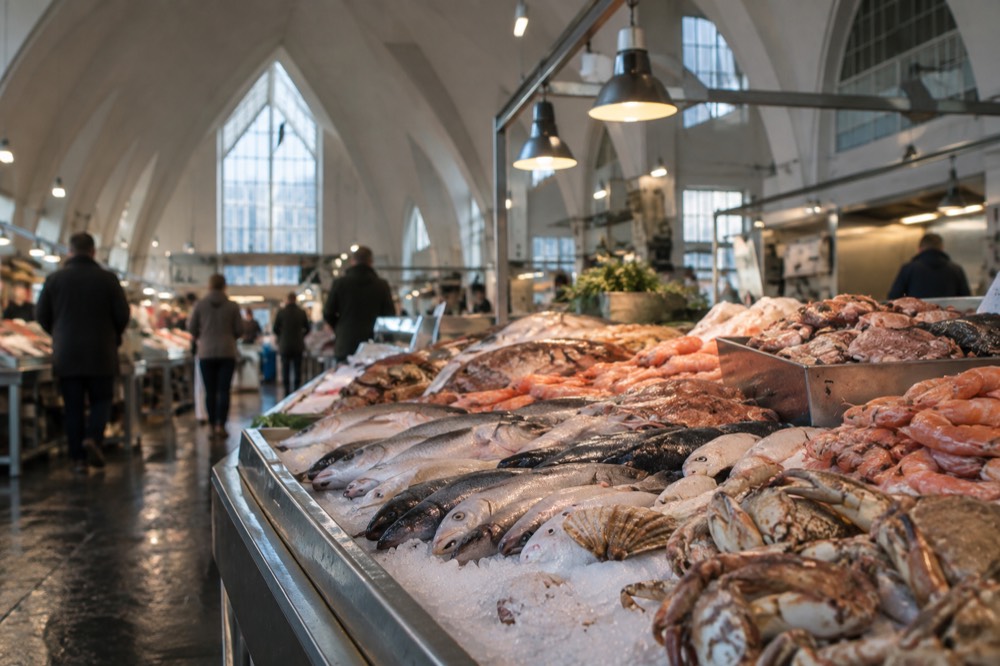 Fresh seafood counters inside the Feskekôrka fish market hall in Gothenburg
