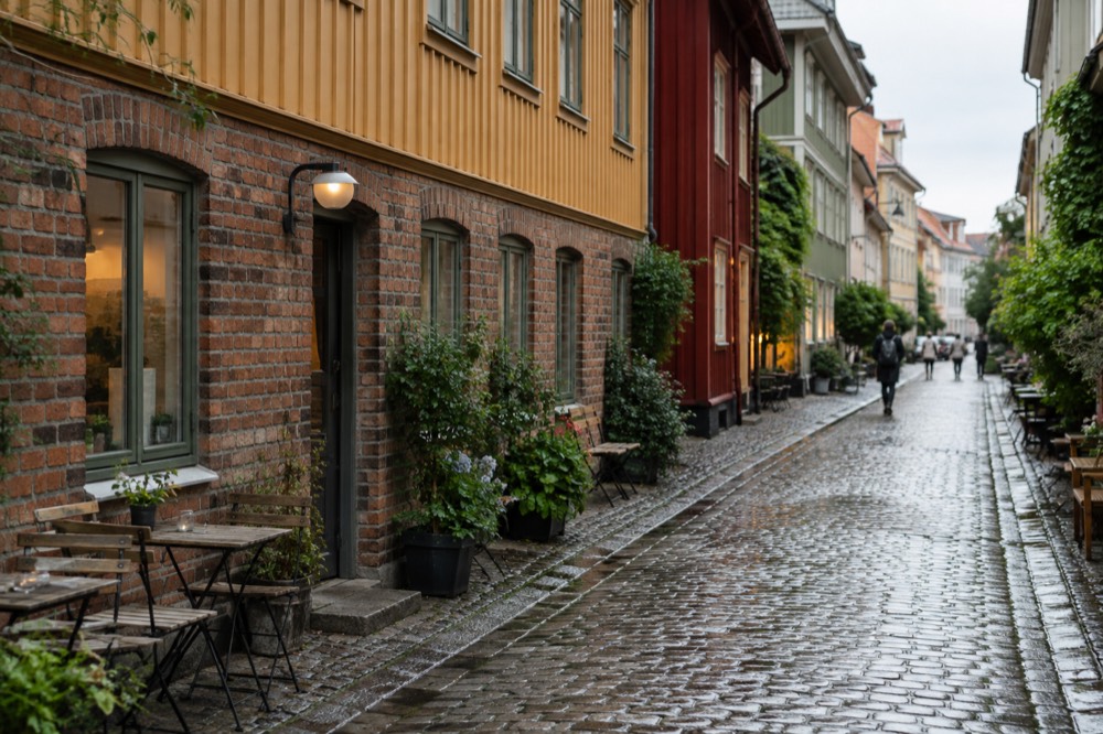 Cobbled street with painted wooden houses in the Haga old quarter of Gothenburg