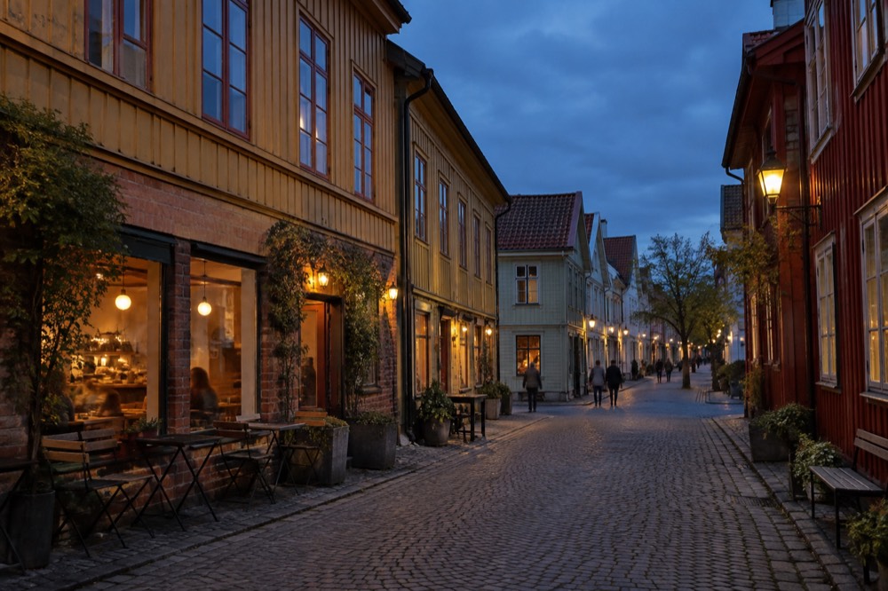 Cobblestone street in Haga with painted wooden houses and a bakery